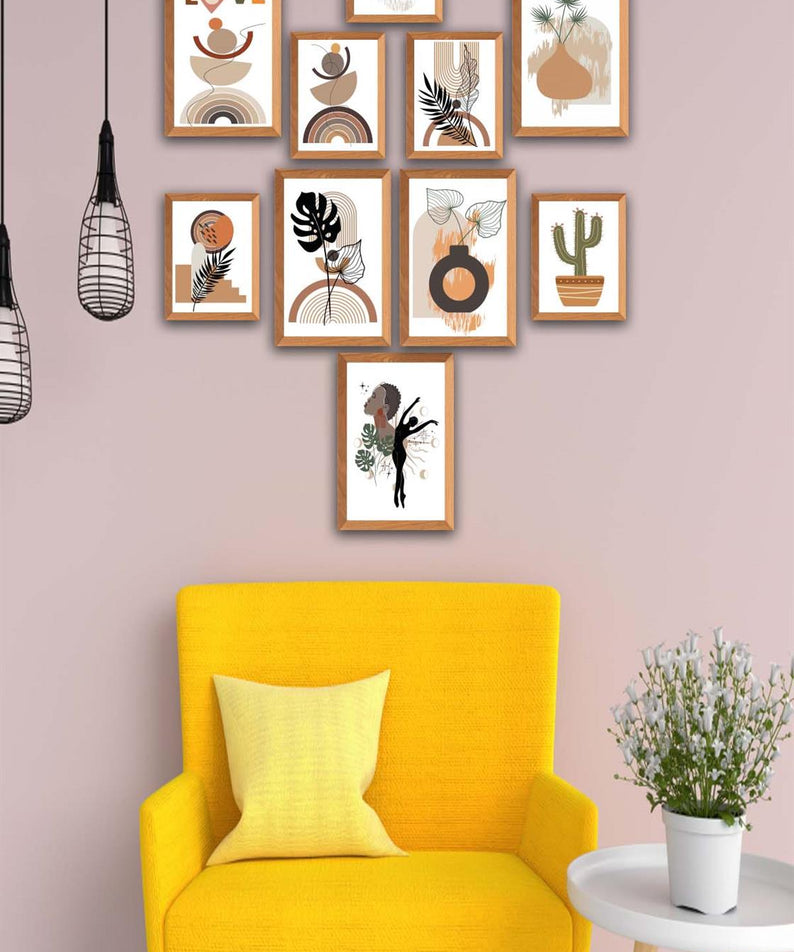 10 Parça Botanic Ve Bohem Tarzda Sanatsal Ahşap Çerçeve Görünümlü Uv Baskı Mdf Tablo Seti
