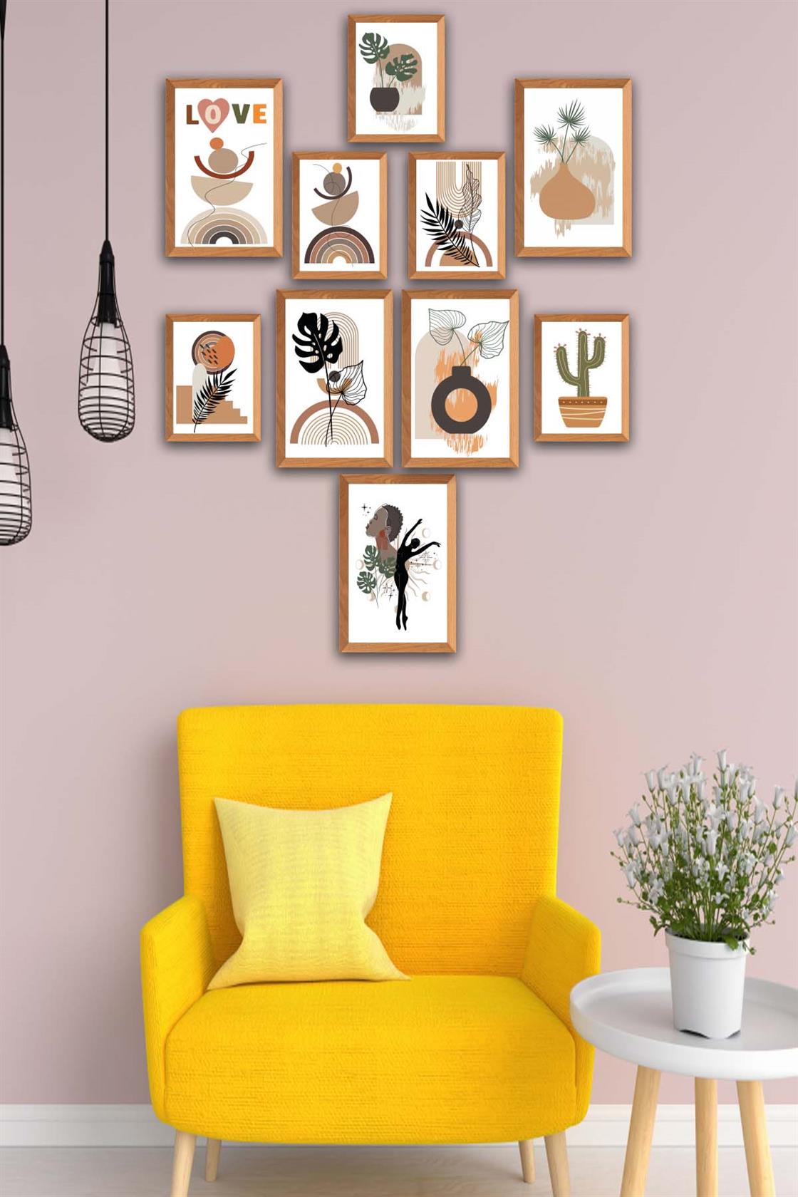 10 Parça Botanic Ve Bohem Tarzda Sanatsal Ahşap Çerçeve Görünümlü Uv Baskı Mdf Tablo Seti