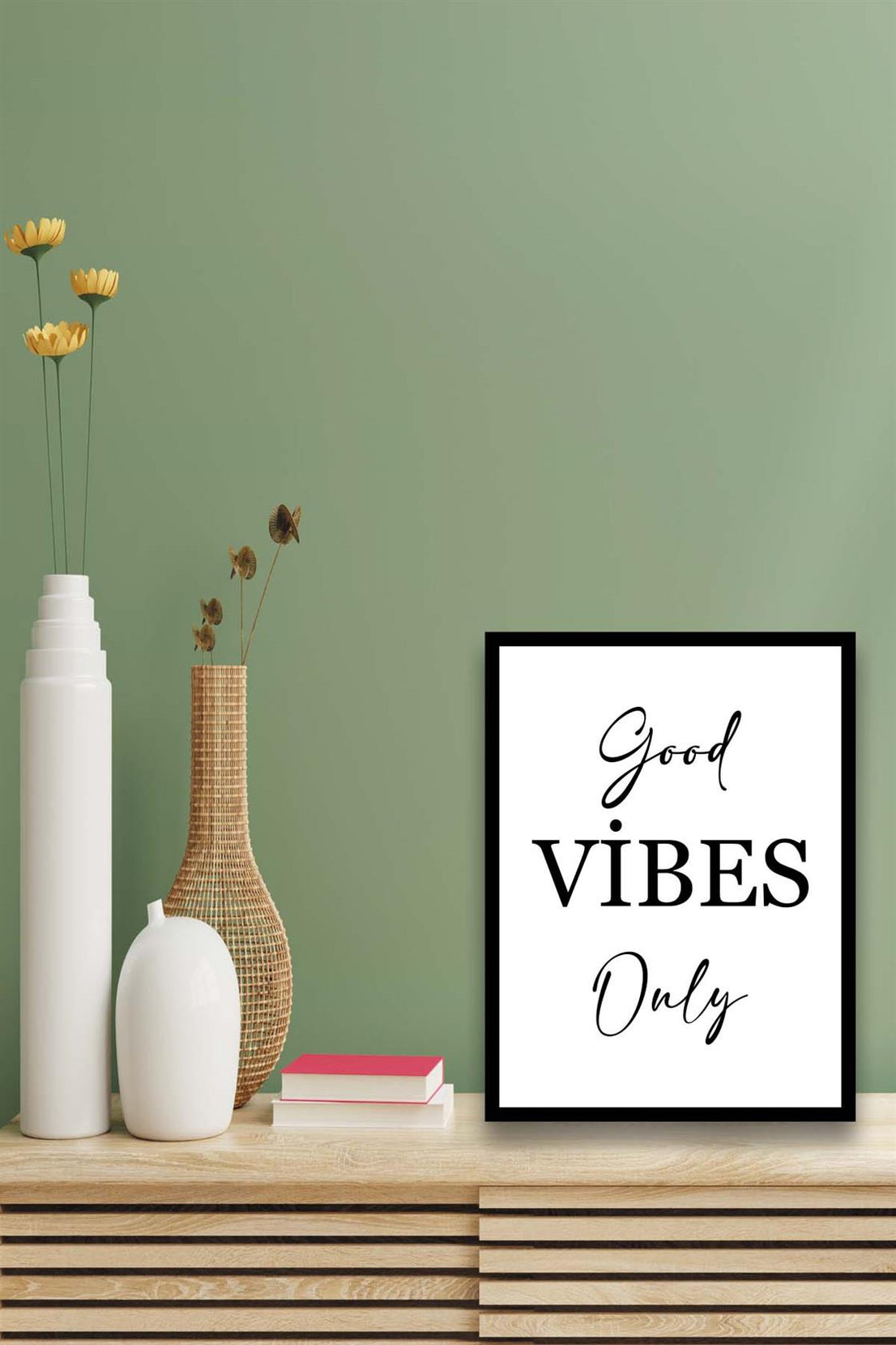 Good Vibes Only Yazısı (Siyah çerçeve görünümlü) Uv Baskı Mdf Tablo Seti