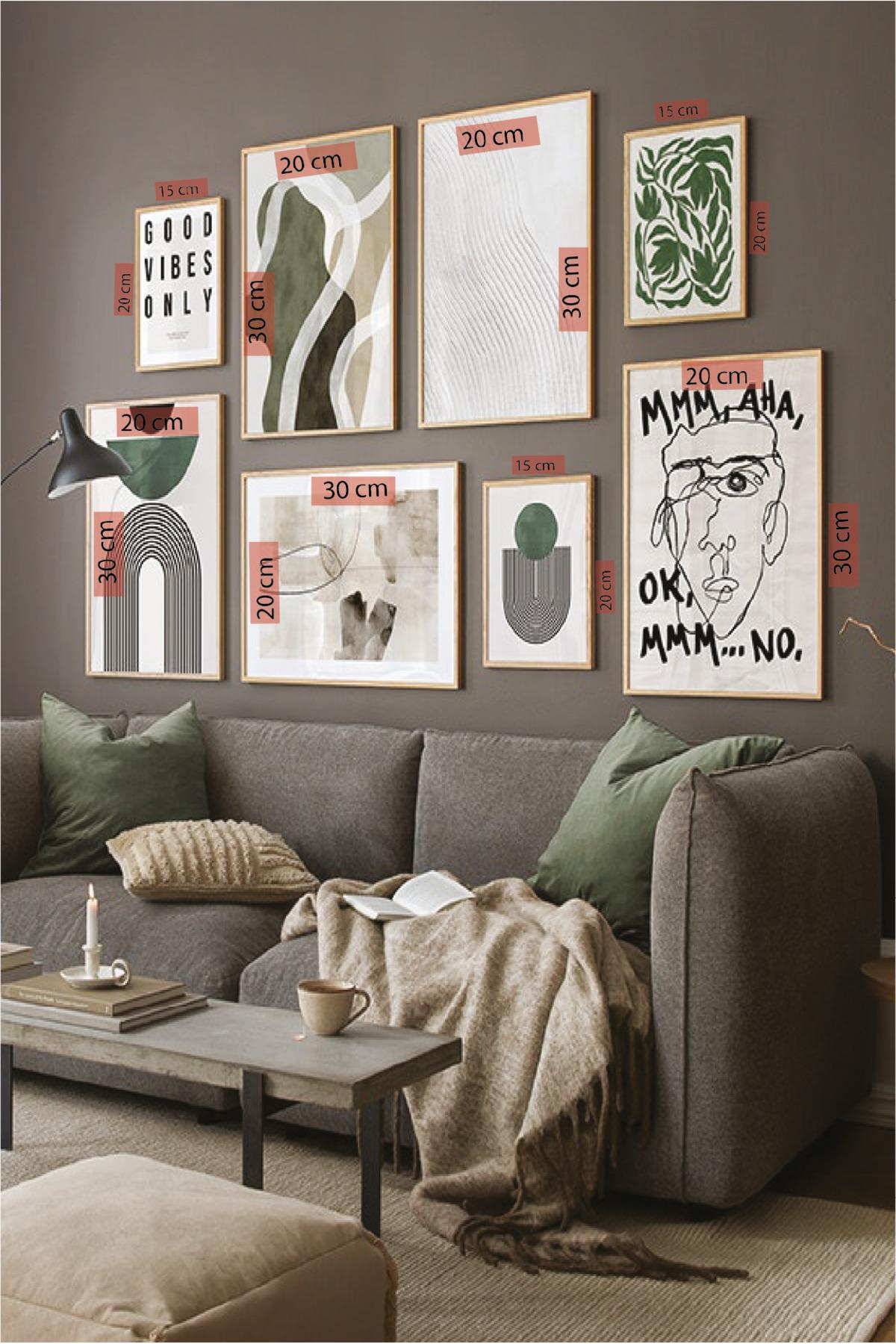 8 Parça Good Vibes Only Soyut, Yeşil Suluboya Tarzında (AHŞAP ÇERÇEVE GÖRÜNÜMLÜ) Tablo Seti