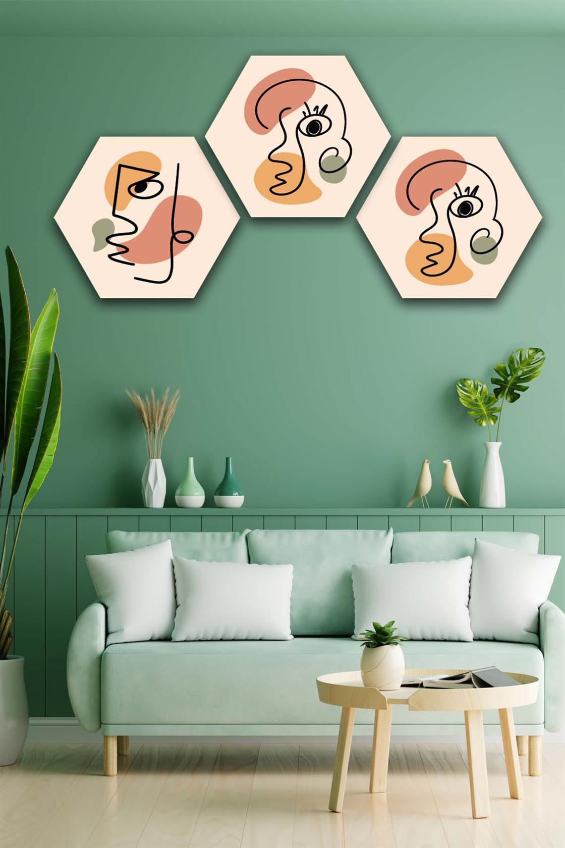 3 Parça Altıgen Petek Tasarımı Tarzında Bohem Mdf Tablo Seti