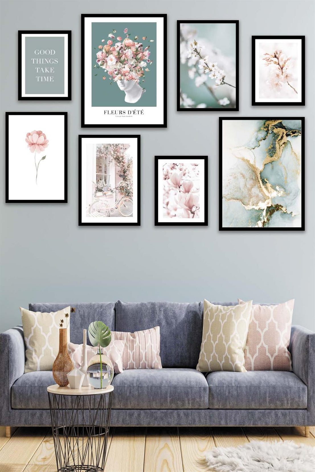 Sanatsal Çiçek Ve Mermer Deseni Temalı Tablo Seti