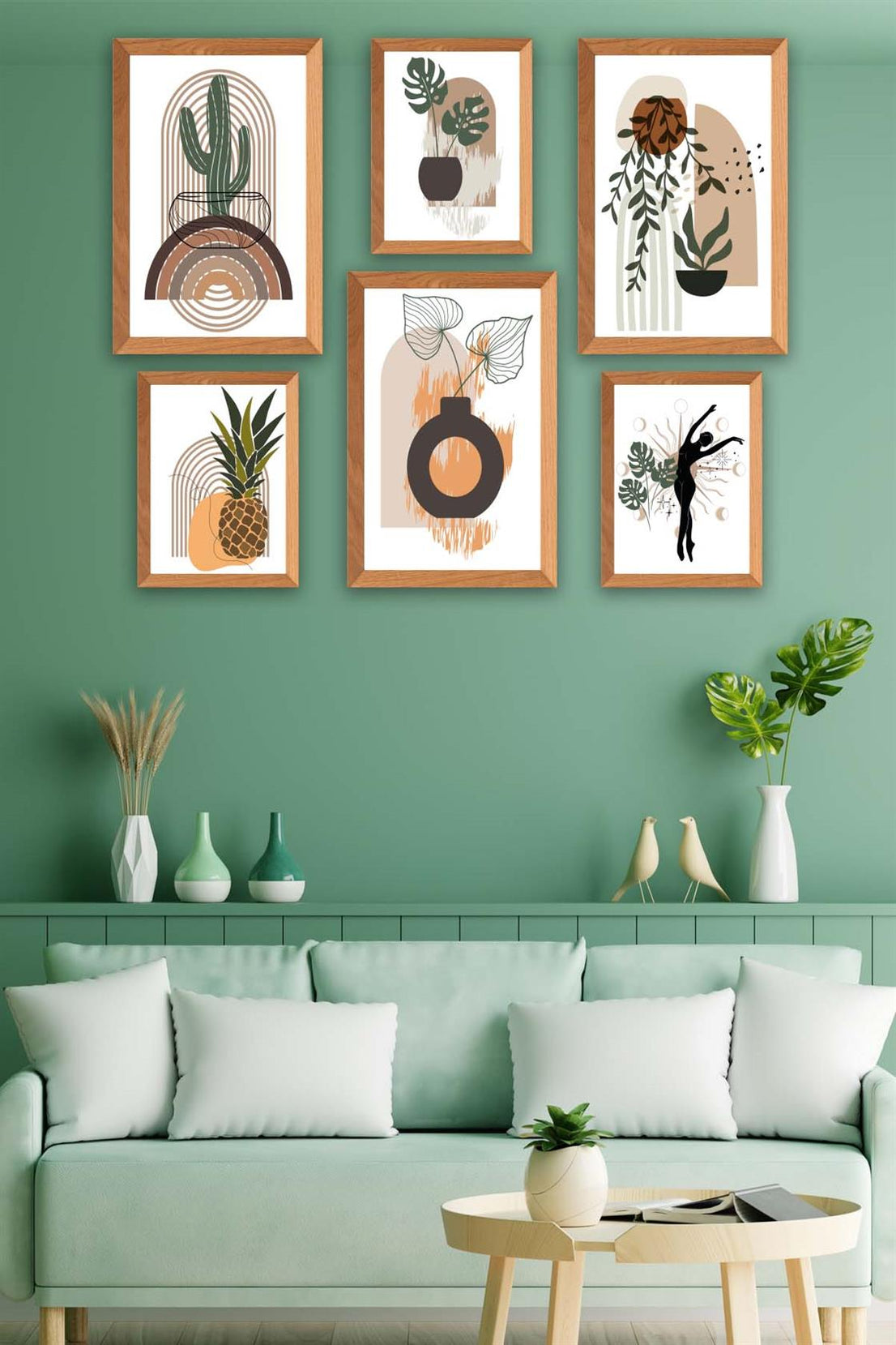 6 Parça Bohem Tarzda Sanatsal Ahşap Çerçeve Görünümlü Uv Baskı Mdf Tablo Seti