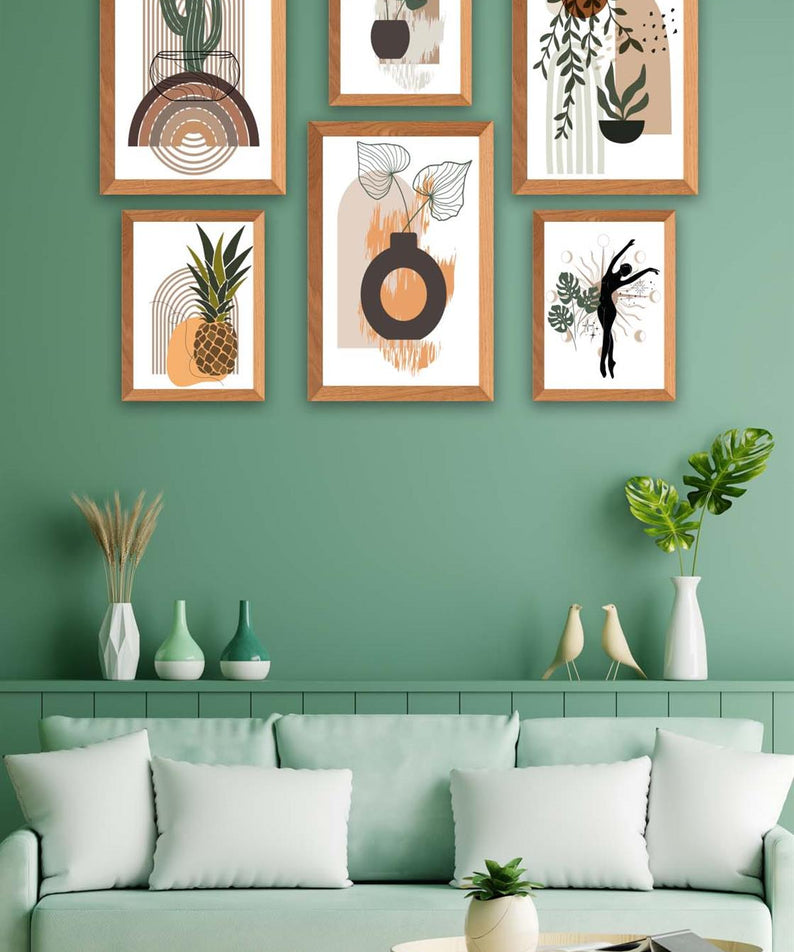 6 Parça Bohem Tarzda Sanatsal Ahşap Çerçeve Görünümlü Uv Baskı Mdf Tablo Seti