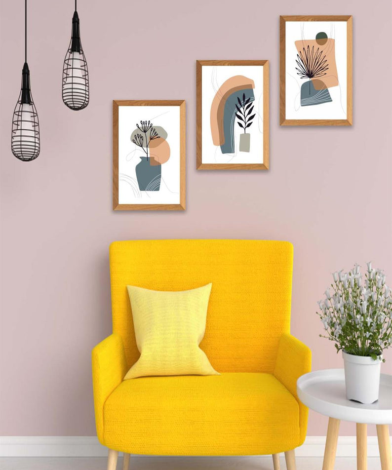 3 Parça Bohem Modern Tarzda (Ahşap Çerçeve Görünümlü) Uv Baskı Tablo Seti
