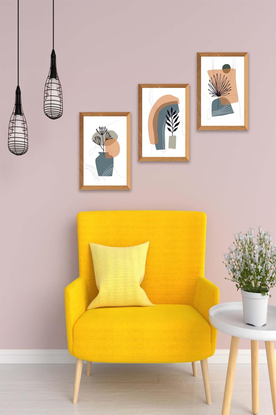 3 Parça Bohem Modern Tarzda (Ahşap Çerçeve Görünümlü) Uv Baskı Tablo Seti
