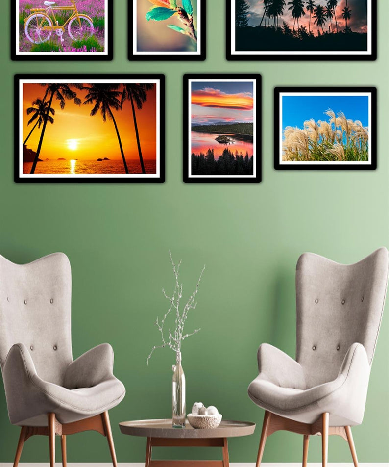 6 Parça Manzara Resimleri Siyah Çerçeve Görünümlü Uv Baskı Mdf Tablo Seti