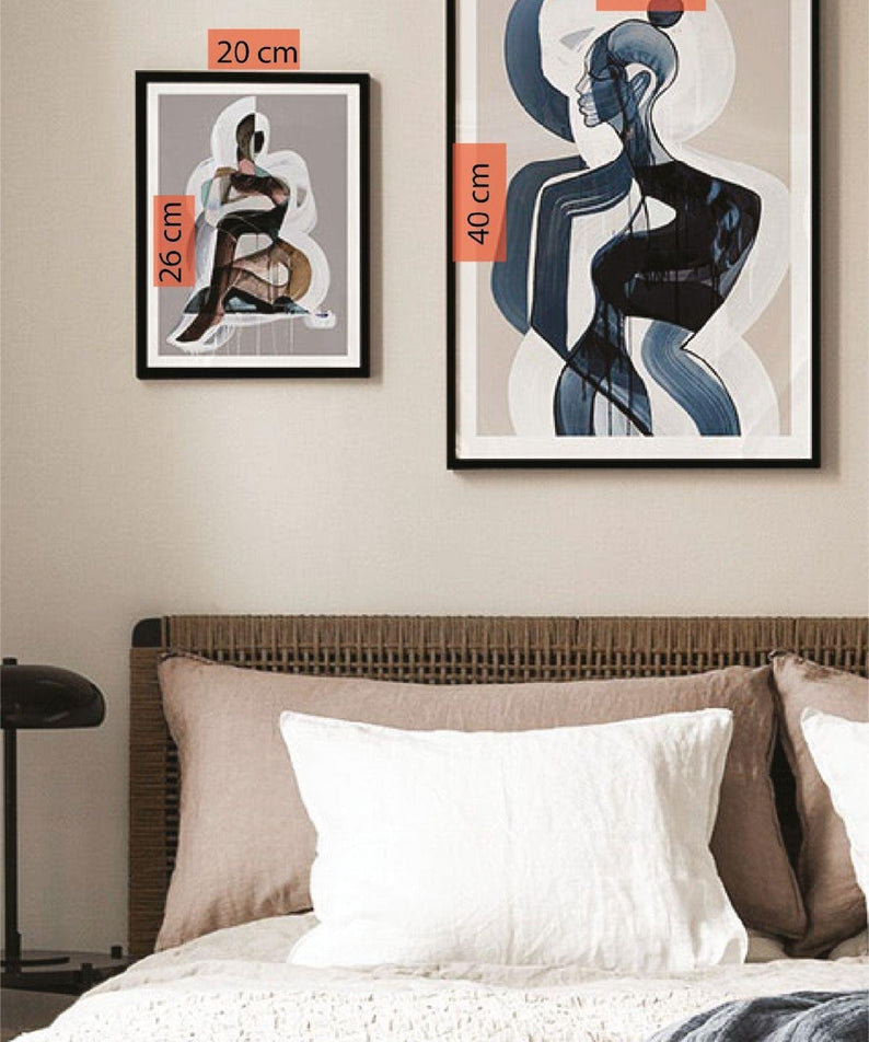 2 Parça Suluboya Blue Temalı Siyah Çerçeve Görünümlü Tablo Seti