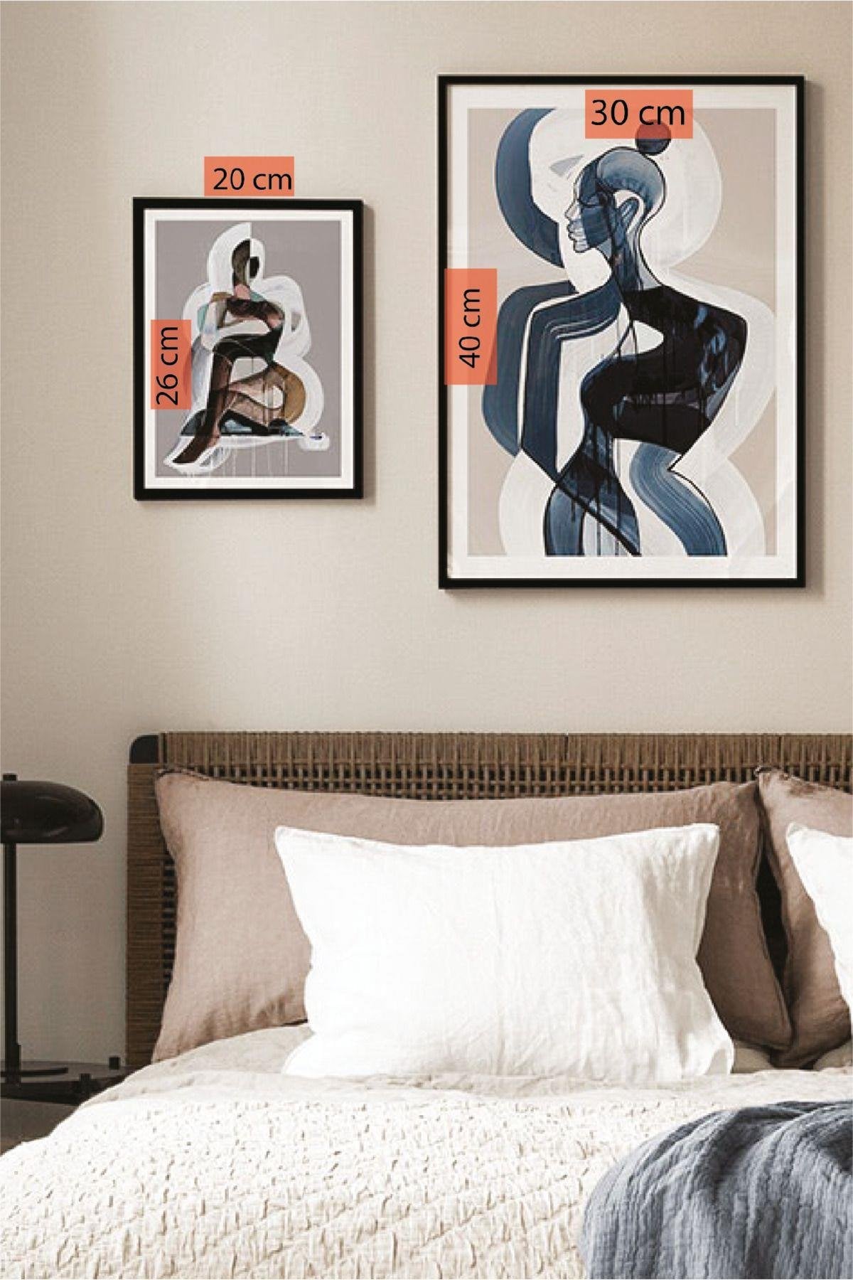 2 Parça Suluboya Blue Temalı Siyah Çerçeve Görünümlü Tablo Seti