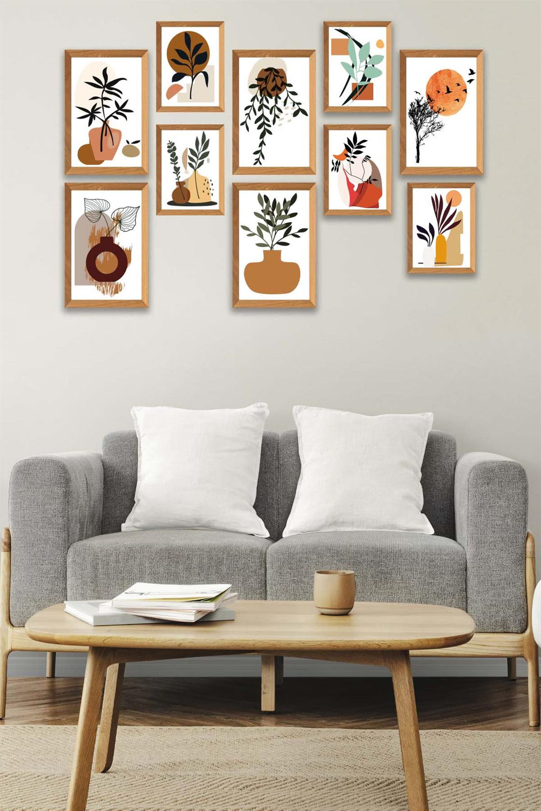 10 Parça Modern Sanatsal Bohem Tarzda (Ahşap çerçeve görünümlü) Uv Baskı Mdf Tablo Seti