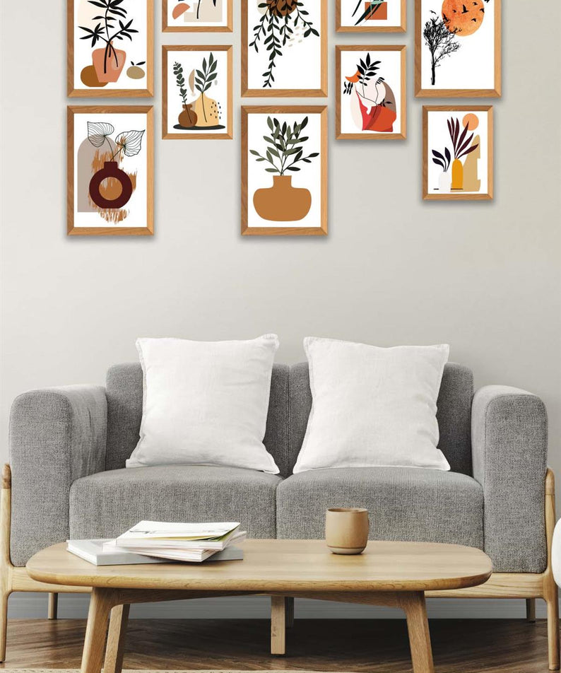 10 Parça Modern Sanatsal Bohem Tarzda (Ahşap çerçeve görünümlü) Uv Baskı Mdf Tablo Seti