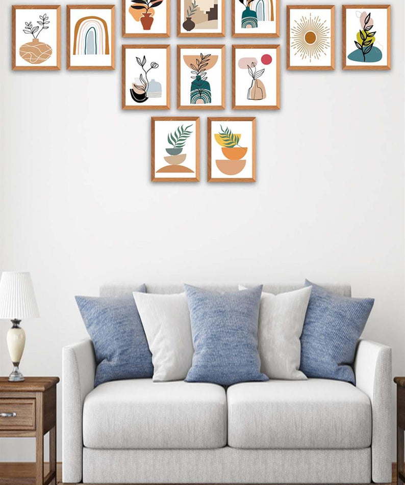 12 Parça Ahşap Çerçeve Görünümlü Sanatsal Tablo Seti