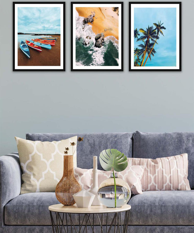 3 Parça Modern Tarzda Manzara Fotoğraflı Siyah Çerçeve Görünümlü Dijital Baskı Tablo Seti