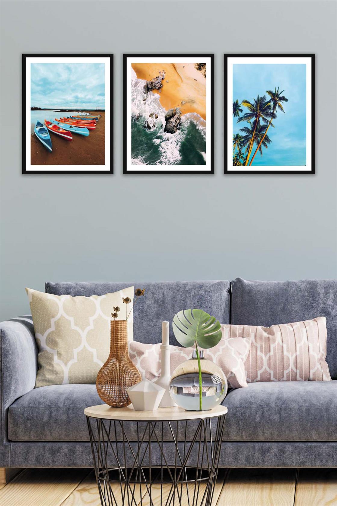 3 Parça Modern Tarzda Manzara Fotoğraflı Siyah Çerçeve Görünümlü Dijital Baskı Tablo Seti
