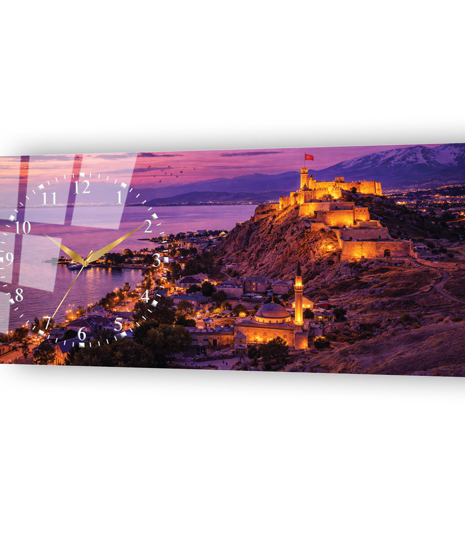 Van Kalesi ve Van Gölü Temalı Temperli Saatli Cam Tablo
