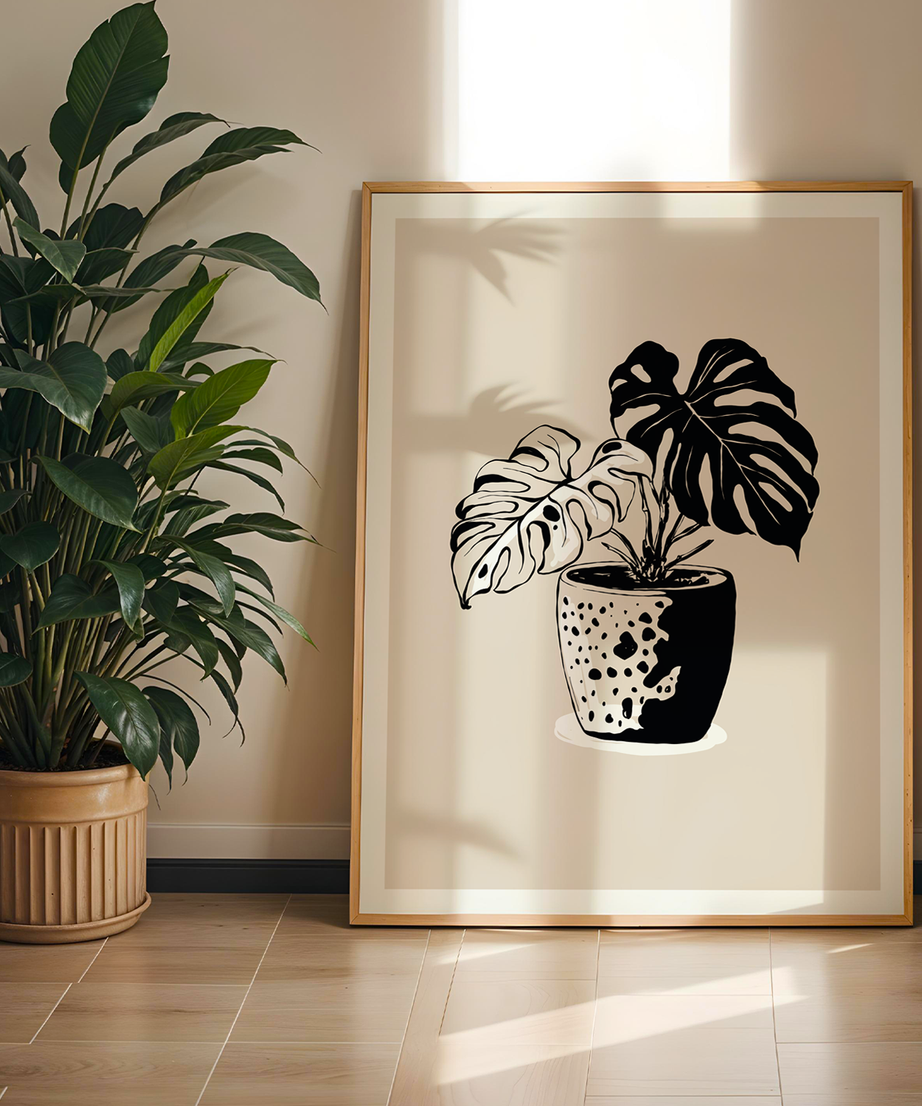 Monstera Plant Tek Parça Doğal Ahşap Çerçeveli Tablo