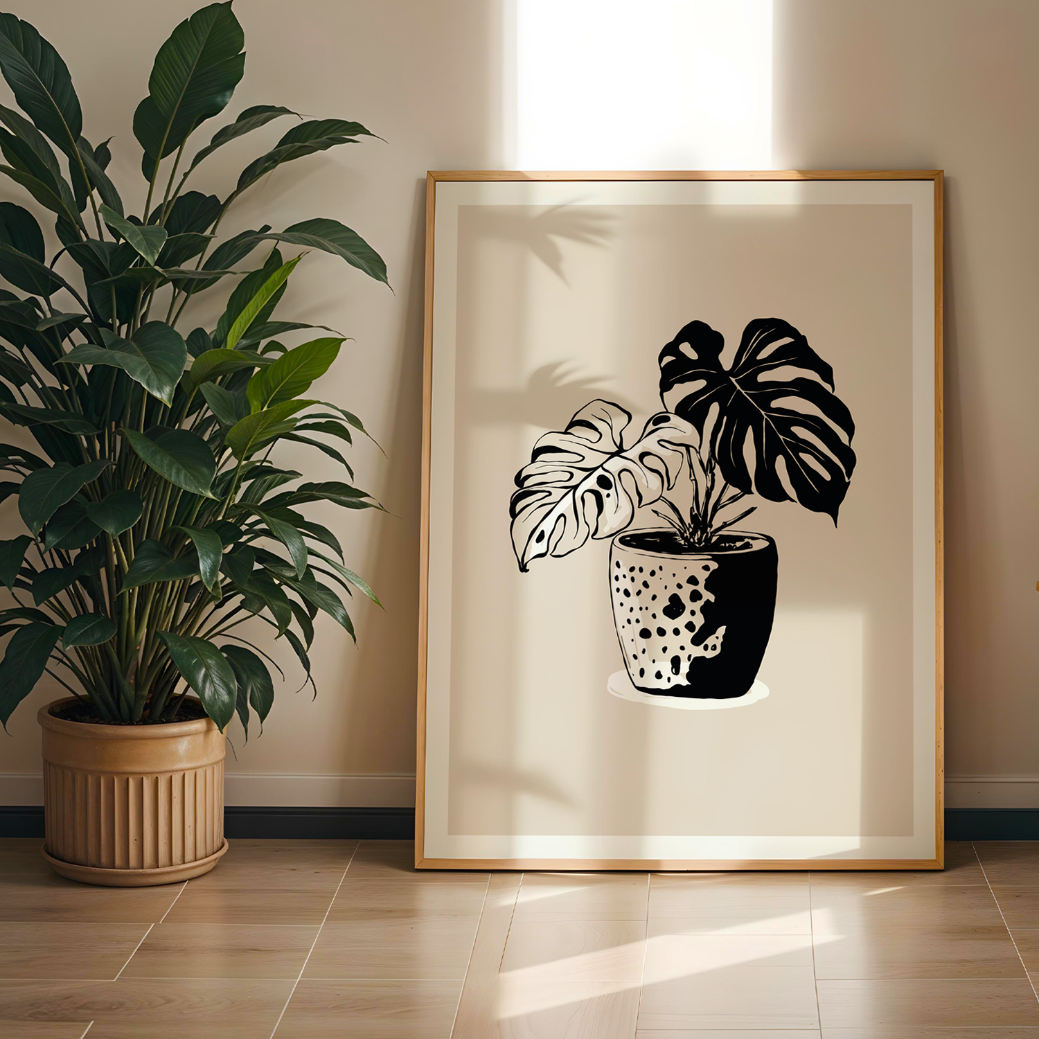 Monstera Plant Tek Parça Doğal Ahşap Çerçeveli Tablo