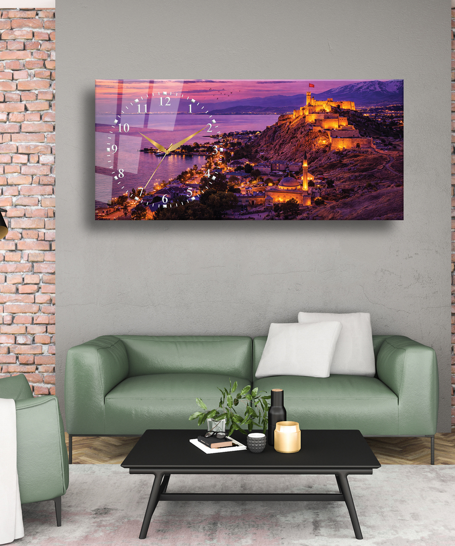 Van Kalesi ve Van Gölü Temalı Temperli Saatli Cam Tablo