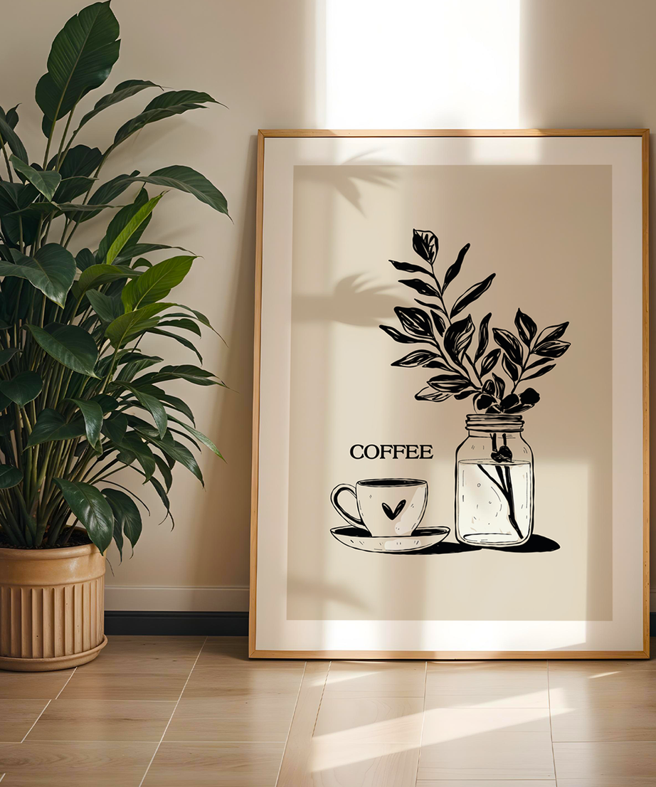 Coffee Moment Tek Parça Doğal Ahşap Çerçeveli Tablo