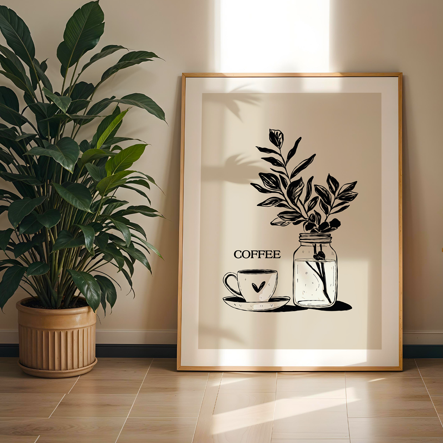 Coffee Moment Tek Parça Doğal Ahşap Çerçeveli Tablo