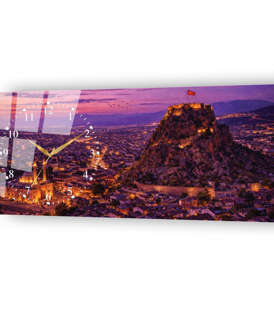 Afyonkarahisar Kalesi Temalı Temperli Saatli Cam Tablo