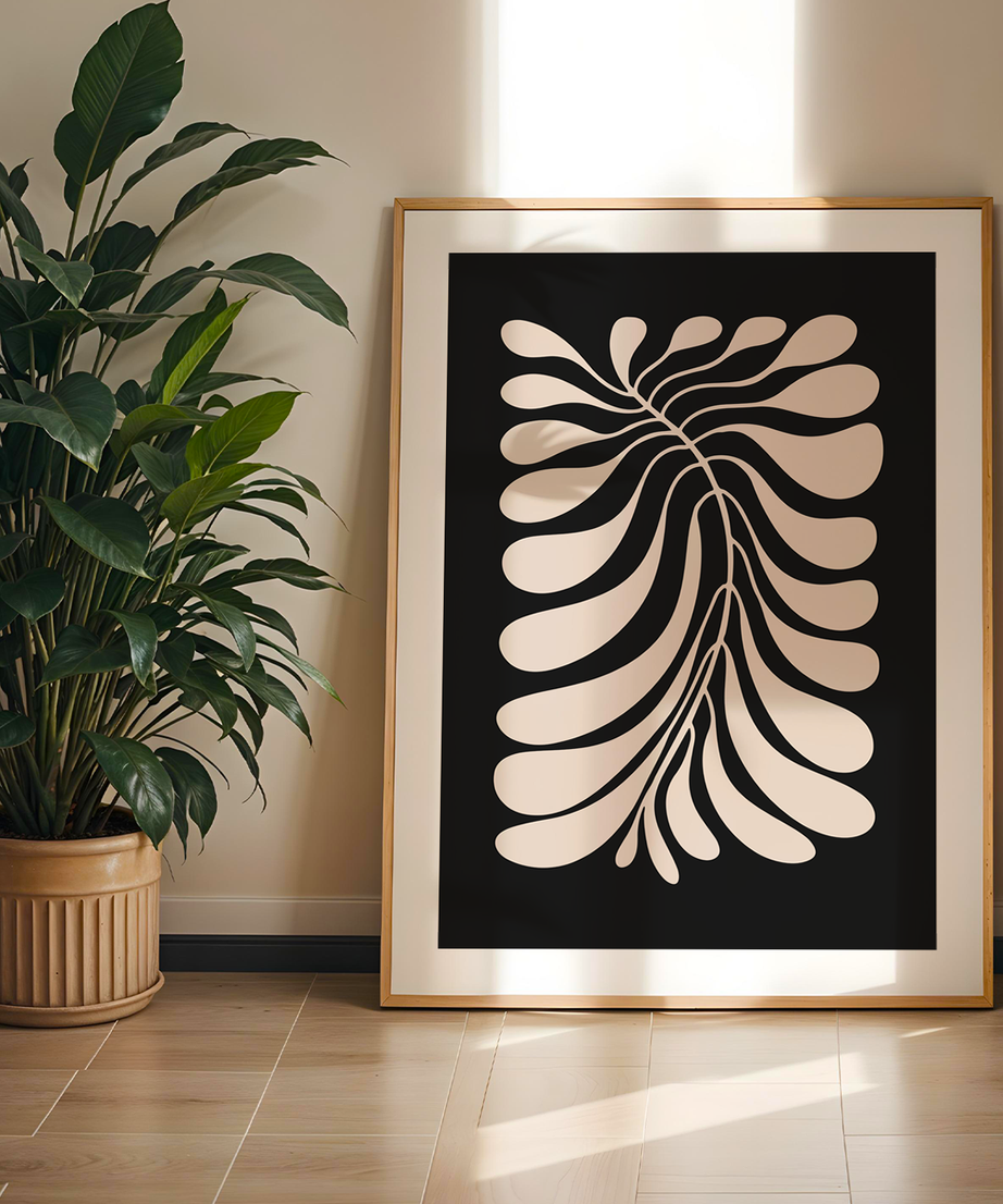 Abstract Botanical Leaf Tek Parça Doğal Ahşap Çerçeveli Tablo