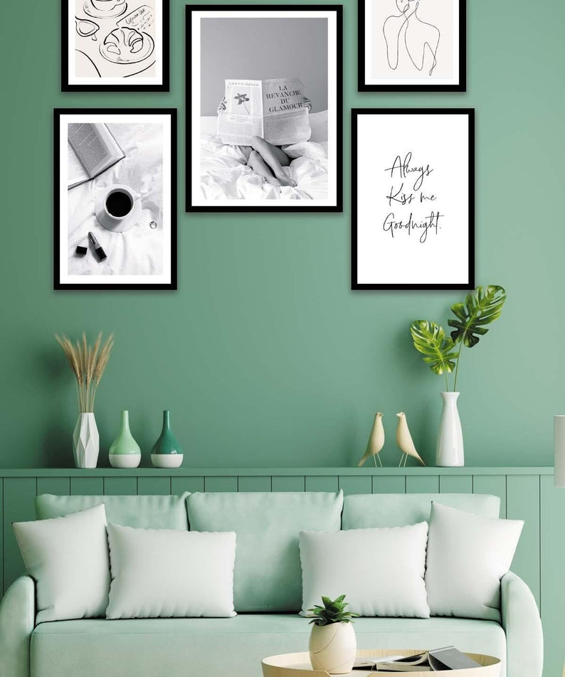 Kahve Kitap Line Art Temalı Tablo Seti