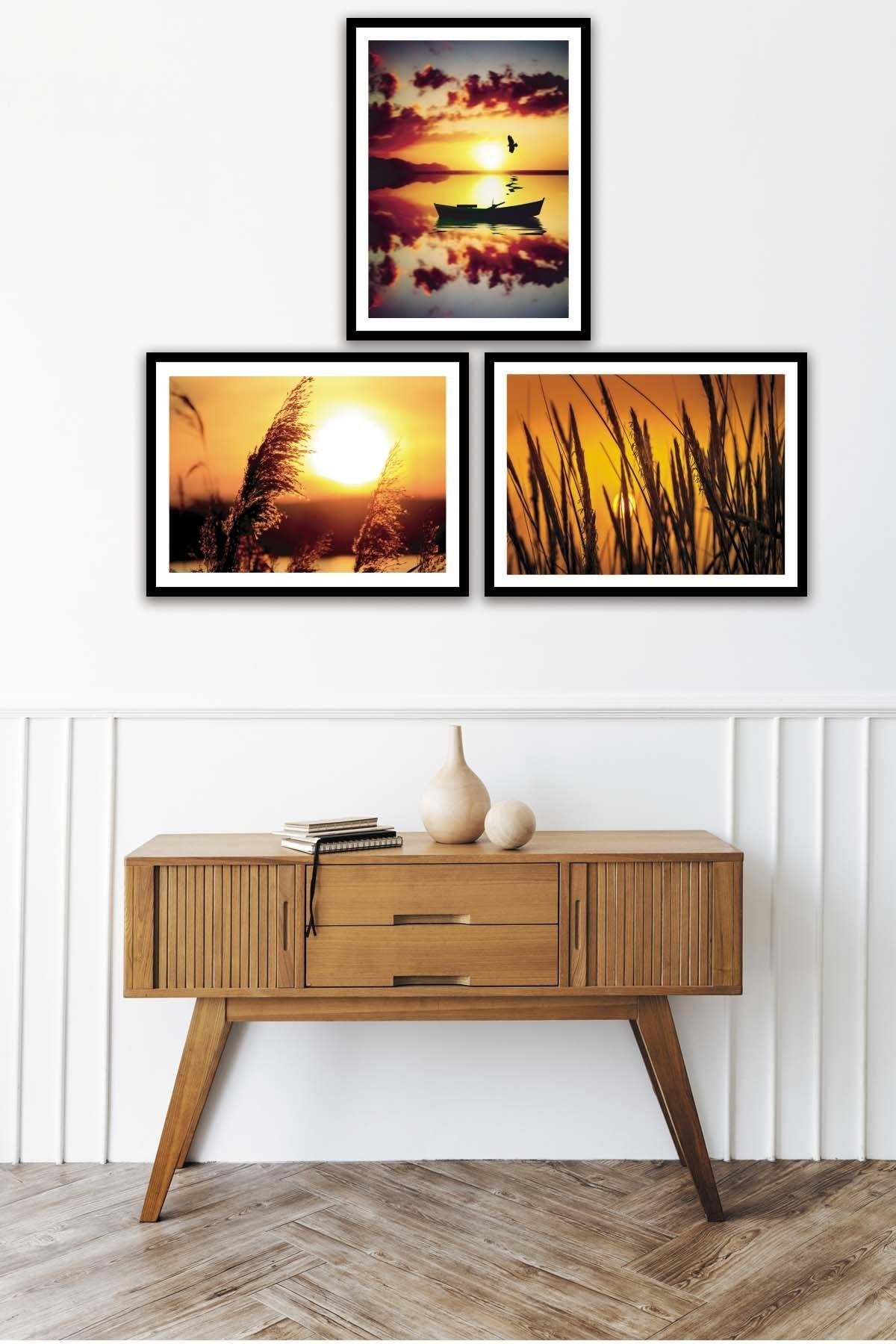 Günbatımı Temalı Siyah Çerçeve Görünümlü Tablo Seti
