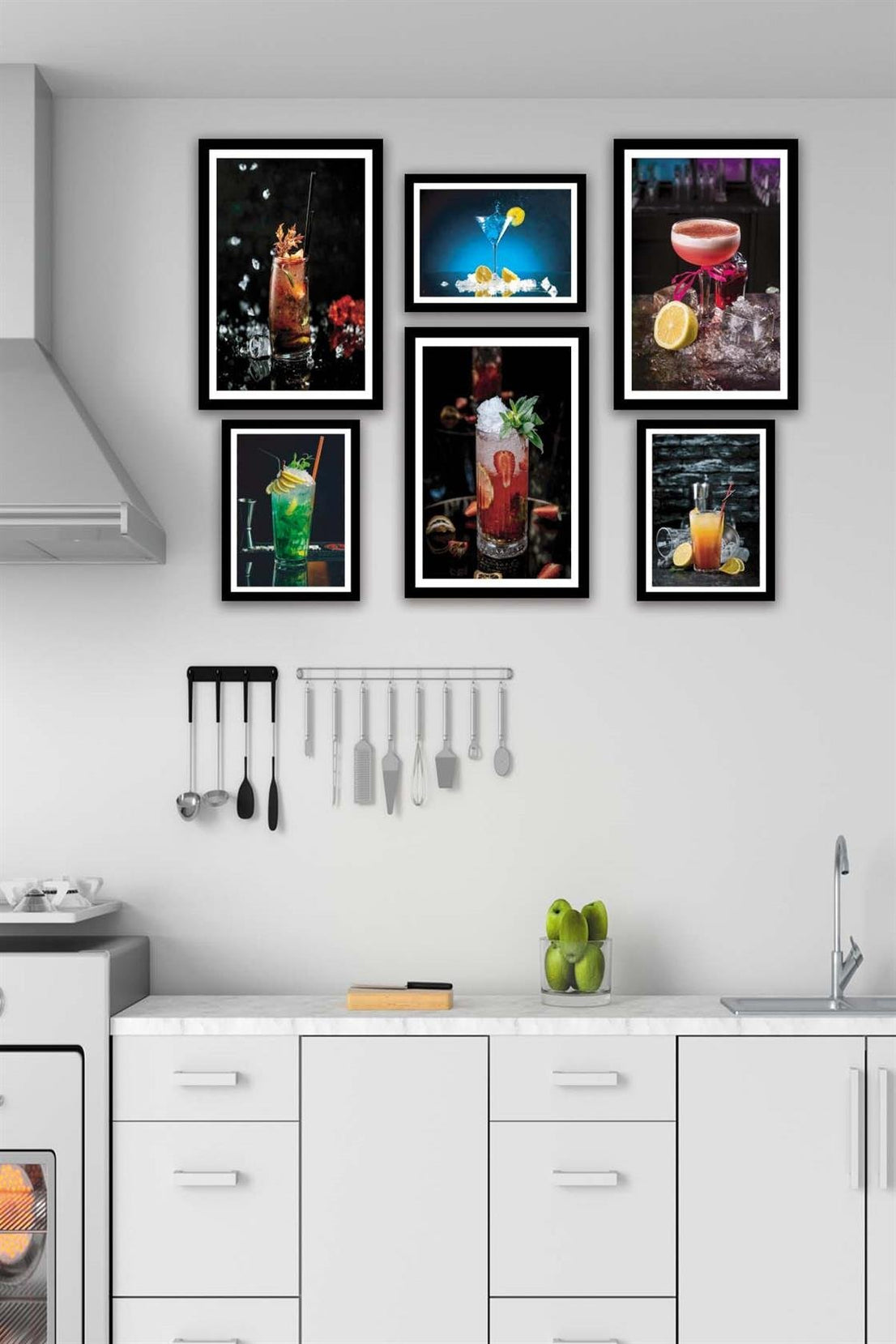 6 Parça İştah Açıcı Meyve Kokteyl Siyah Çerçeve Görünümlü Mdf Ahşap Tablo Seti