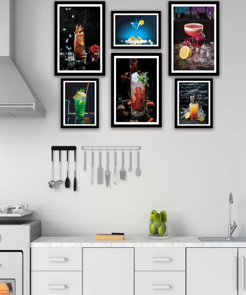 6 Parça İştah Açıcı Meyve Kokteyl Siyah Çerçeve Görünümlü Mdf Ahşap Tablo Seti