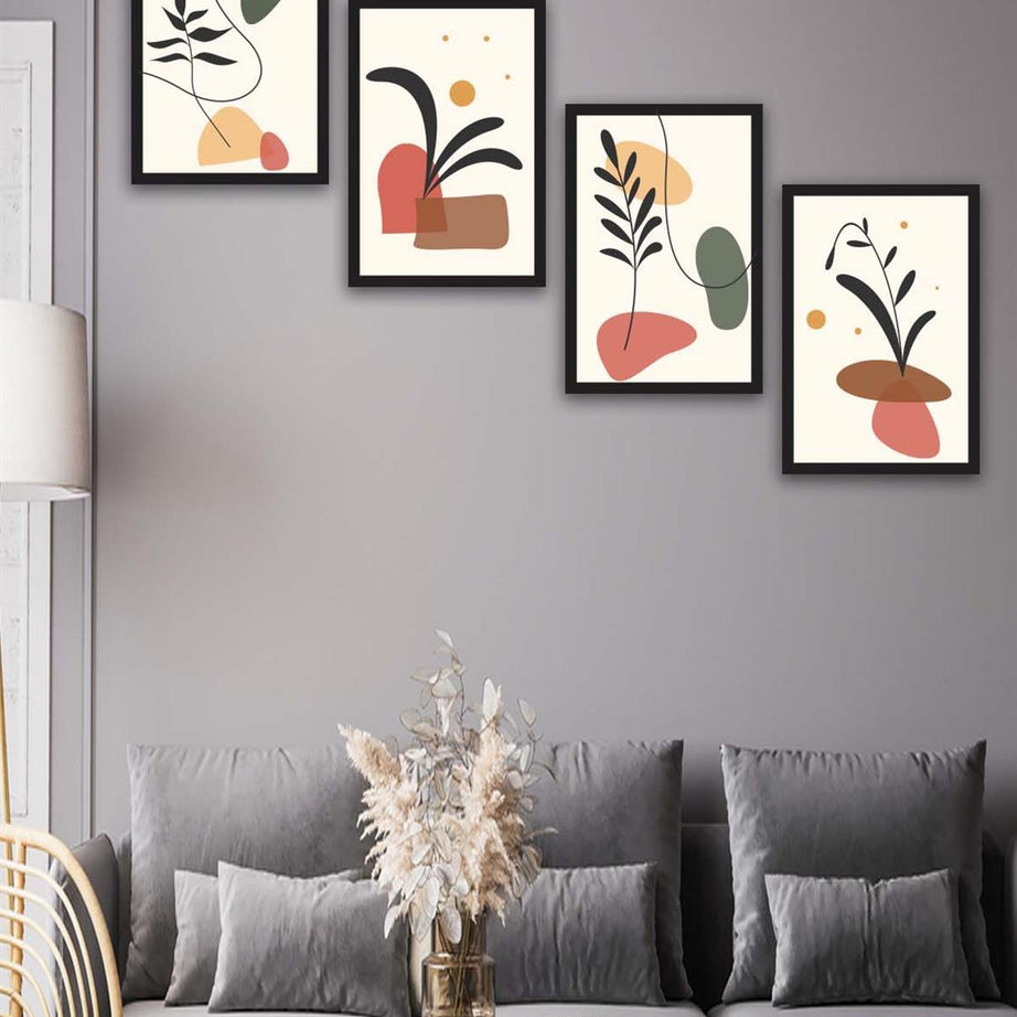 4 Parça Renkli Modern Bohem Tarzda Siyah Çerçeve Görünümlü Uv Baskı Mdf Tablo Seti