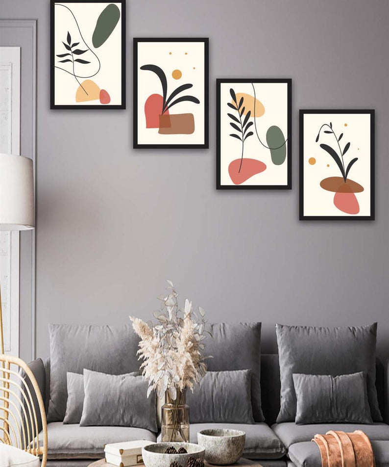 4 Parça Renkli Modern Bohem Tarzda Siyah Çerçeve Görünümlü Uv Baskı Mdf Tablo Seti
