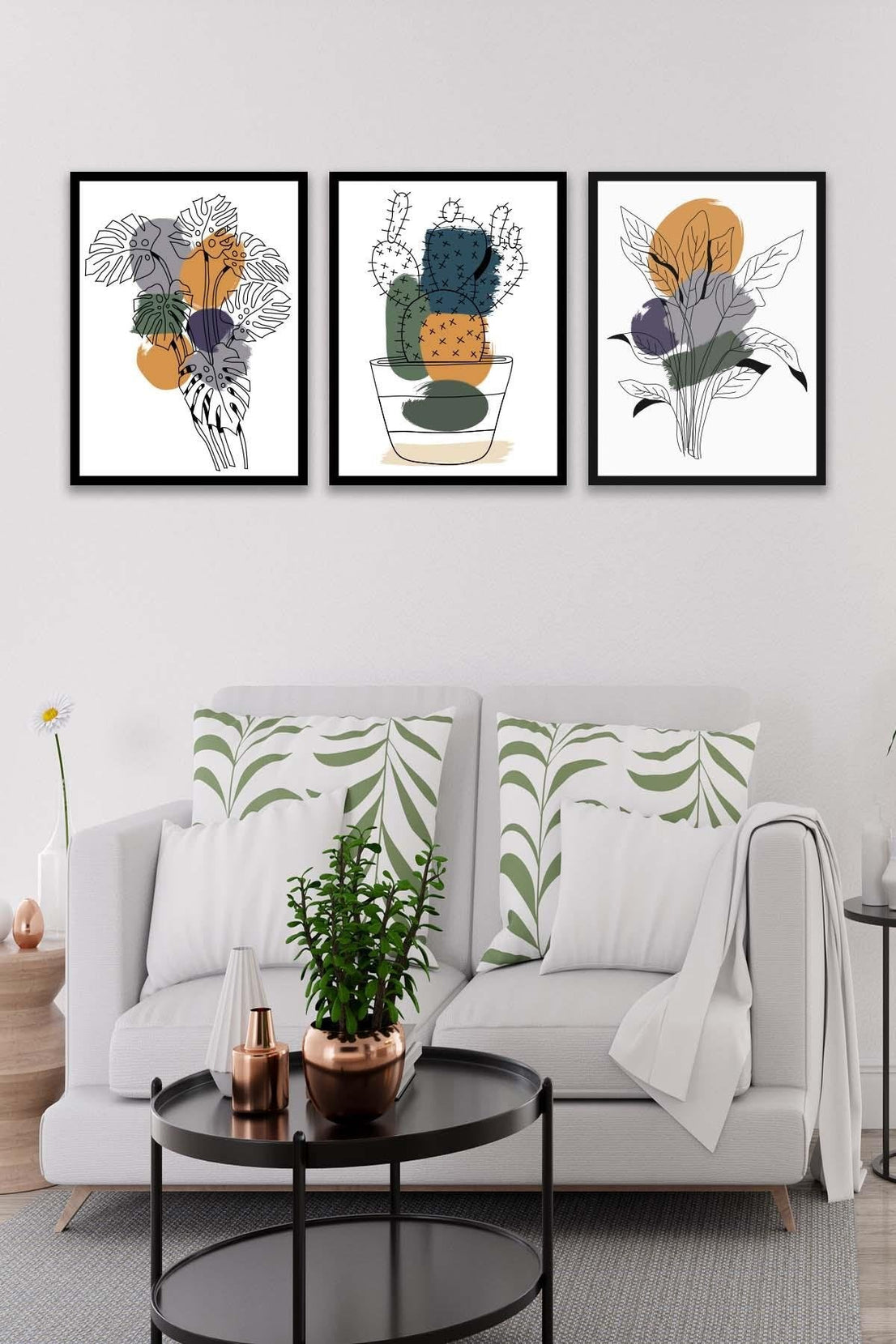 3 Parça Modern Tarzda Kaktüs Tablo Seti