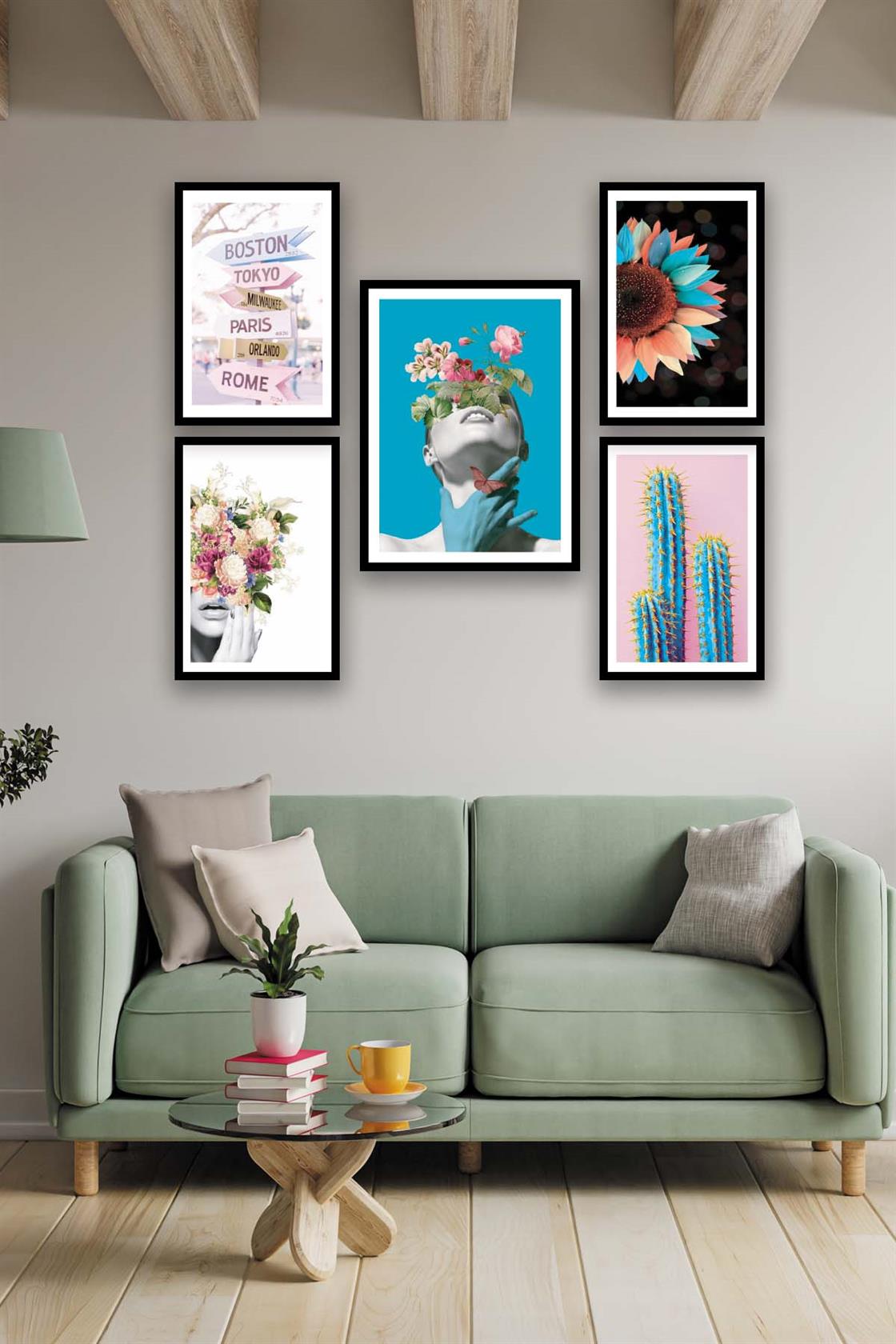 Sanatsal Çiçek Kadın Ve Kaktüs Temalı Tablo Seti