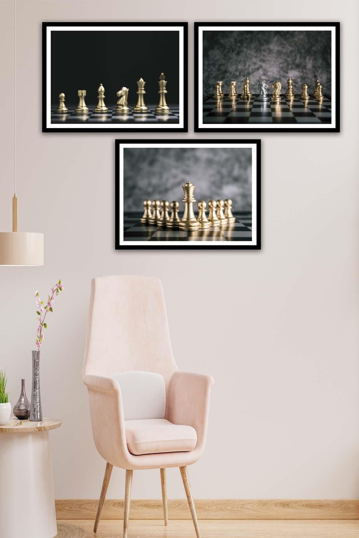 Satranç Temalı Siyah Çerçeve Görünümlü Tablo Seti