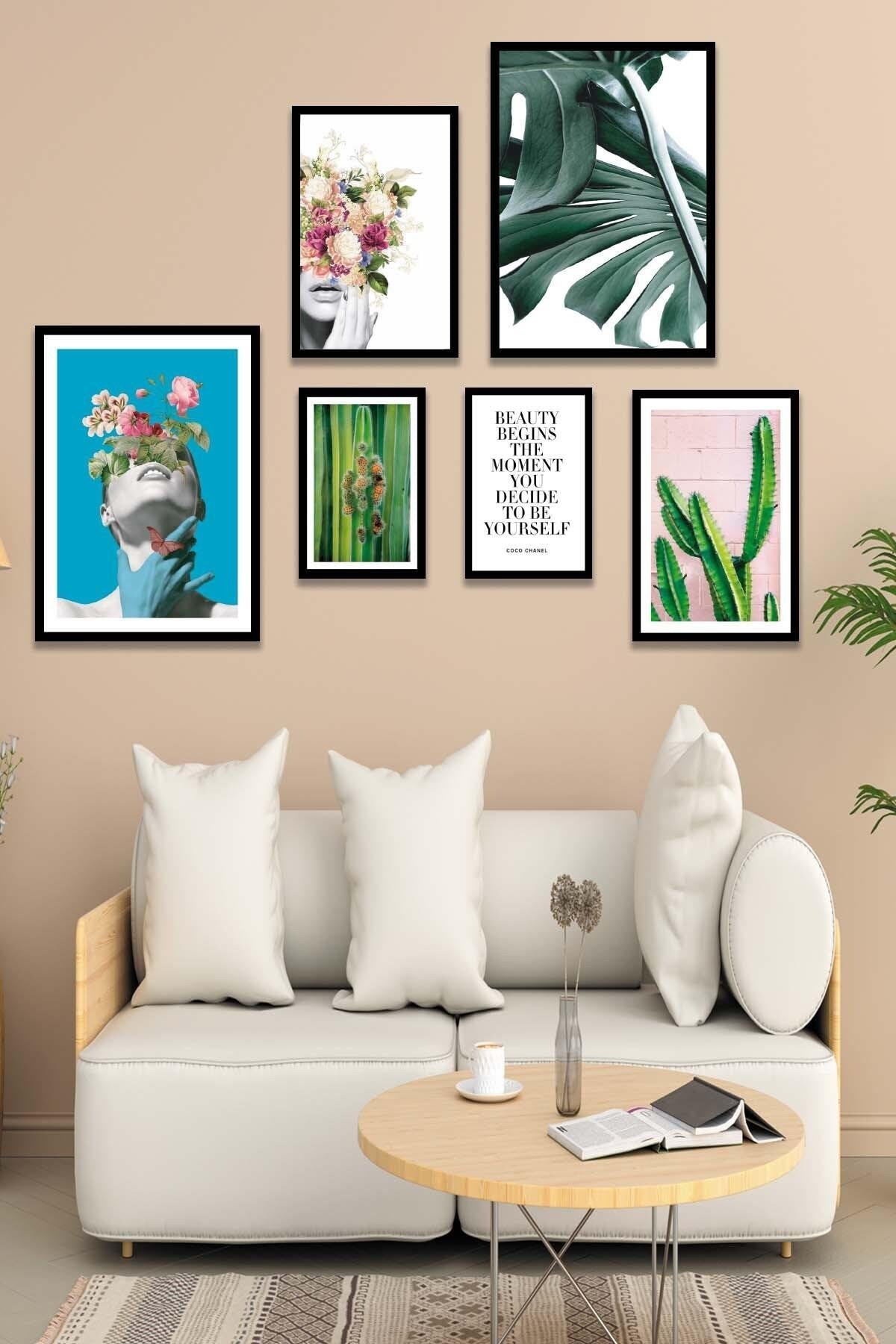 Sanatsal Kadın Yeşil Çiçek Ve Kaktüs Temalı Tablo Seti