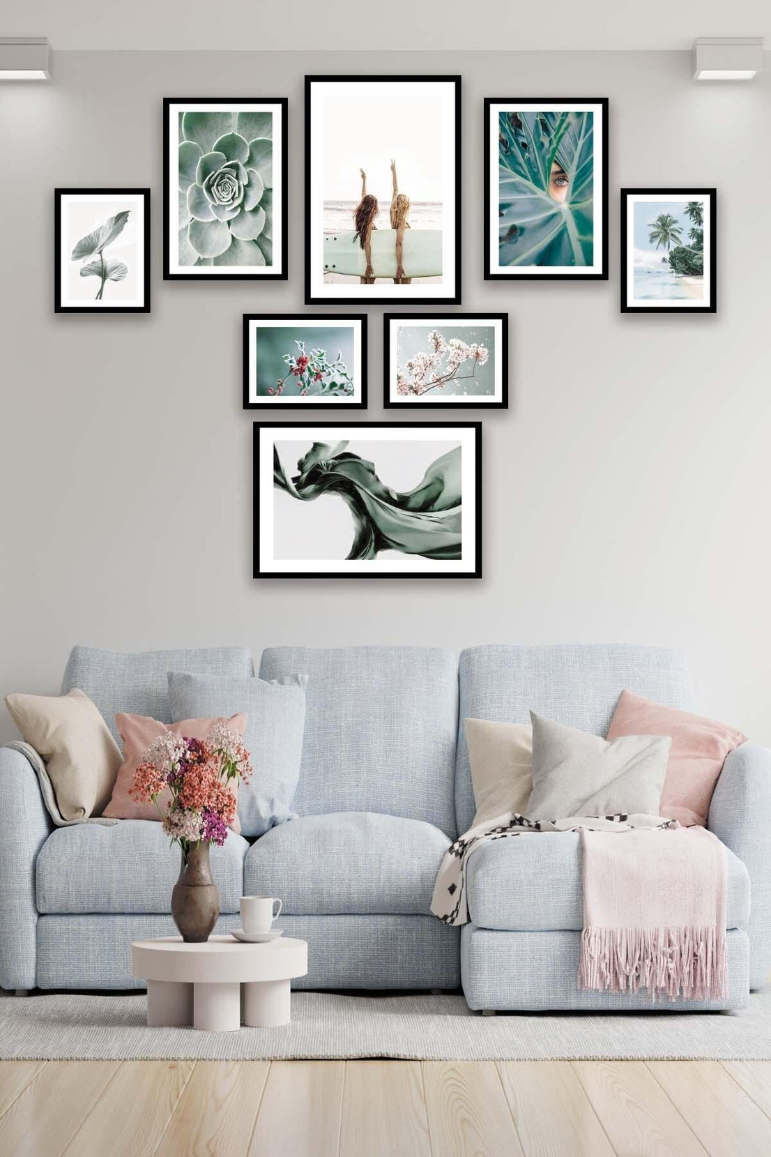 Yeşil Çiçek İle Manzaranın Ahengi Temalı Tablo Seti (Siyah Çerçeve Görünümlü)