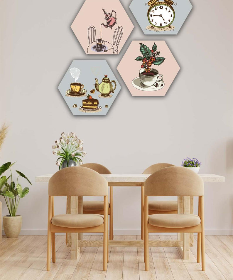 4 Parça Altıgen Petek Tasarım Mdf Tablo Seti