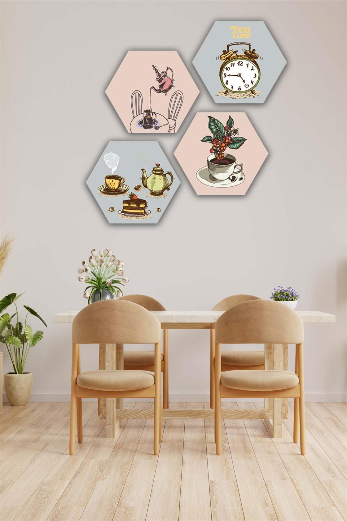 4 Parça Altıgen Petek Tasarım Mdf Tablo Seti