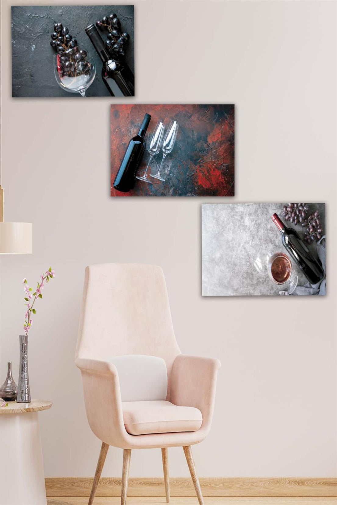 3 Parça Şarap ve Üzüm Desenli Mdf Ahşap Tablo Seti