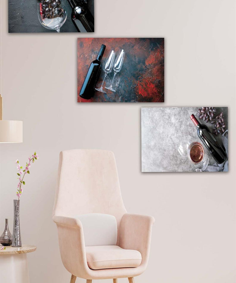 3 Parça Şarap ve Üzüm Desenli Mdf Ahşap Tablo Seti