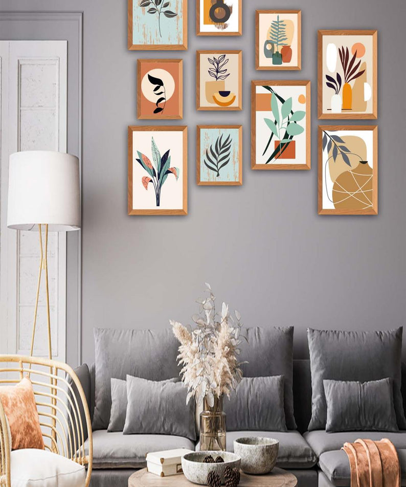 10 Parça Bohem Tarzında Sanatsal (Ahşap çerçeve görünümlü) Uv Baskı Mdf Tablo Seti