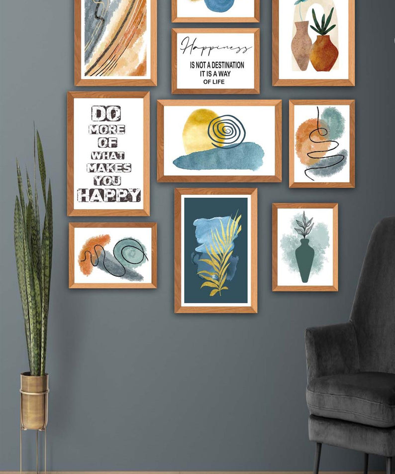 10 Parça Yazı Ve Suluboya Bohem Tarzda (Ahşap Çerçeve Görünümlü) Uv Baskı Tablo Seti