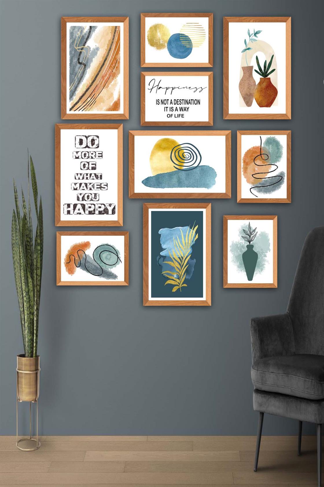 10 Parça Yazı Ve Suluboya Bohem Tarzda (Ahşap Çerçeve Görünümlü) Uv Baskı Tablo Seti