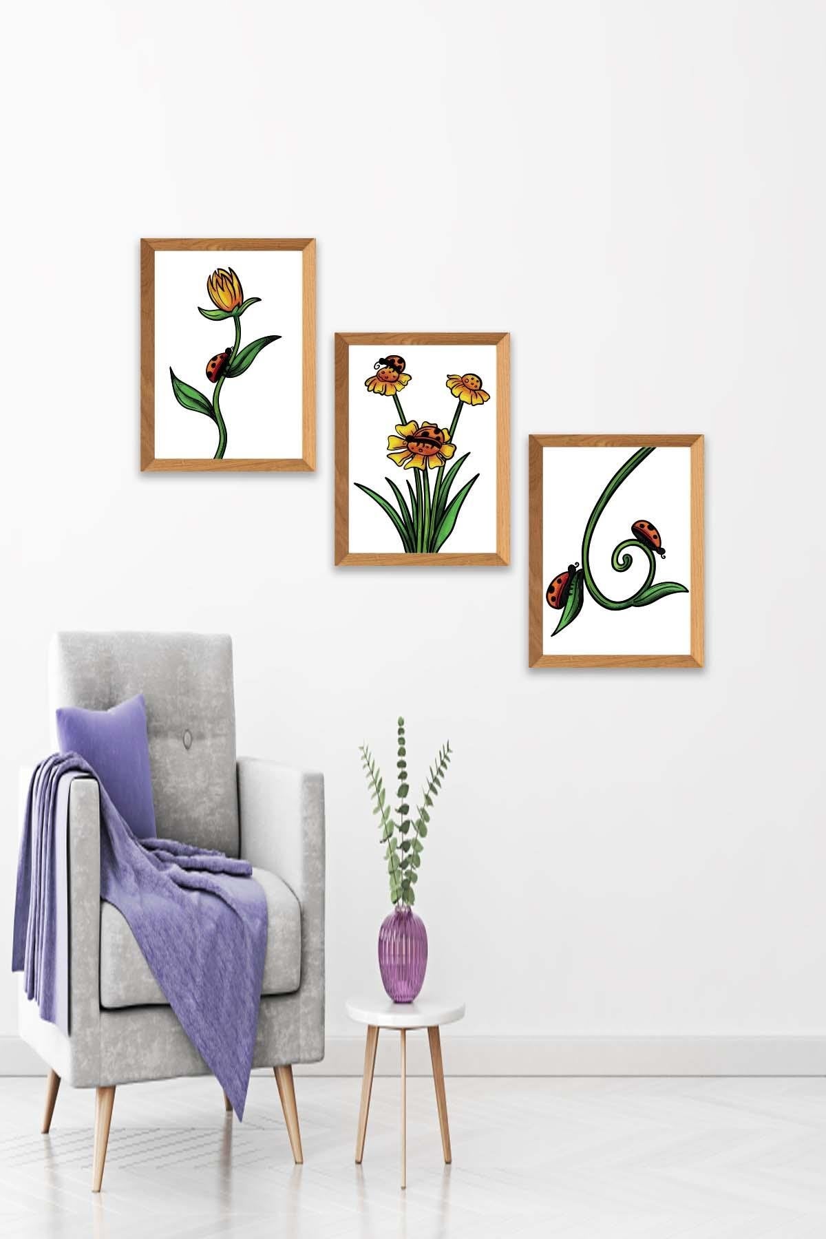 Papatya Tarzında Ahşap Çerçeve Görünümlü Tablo Seti