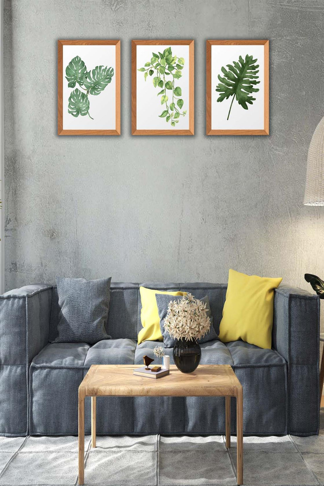 3 Parça Bohem Tarzı Yaprak Ahşap Çerçeve Görünümlü Tablo Seti