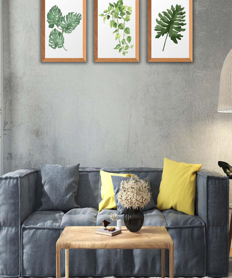 3 Parça Bohem Tarzı Yaprak Ahşap Çerçeve Görünümlü Tablo Seti
