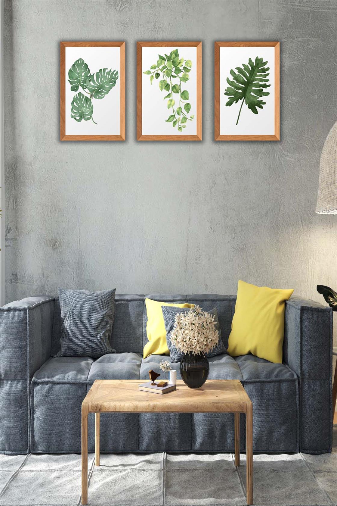 3 Parça Bohem Tarzı Yaprak Ahşap Çerçeve Görünümlü Tablo Seti