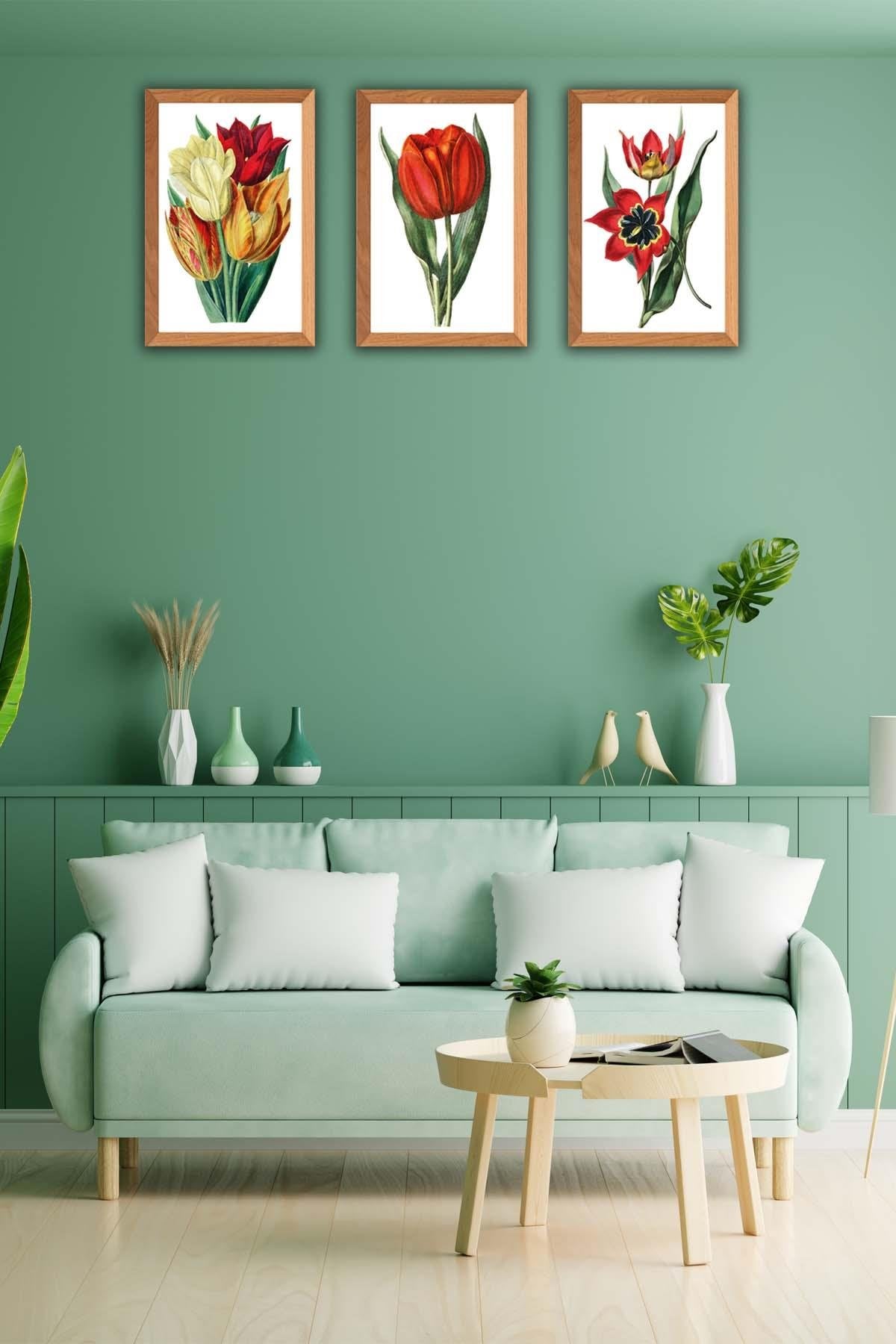 Gül Temalı Ahşap Çerçeve Görünümlü Tablo Seti