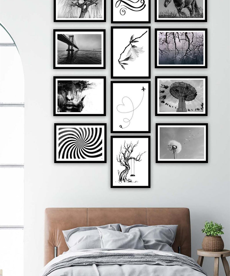12 Parça Siyah Beyaz Sanatsal Çerçeve Görünümlü Tablo Seti